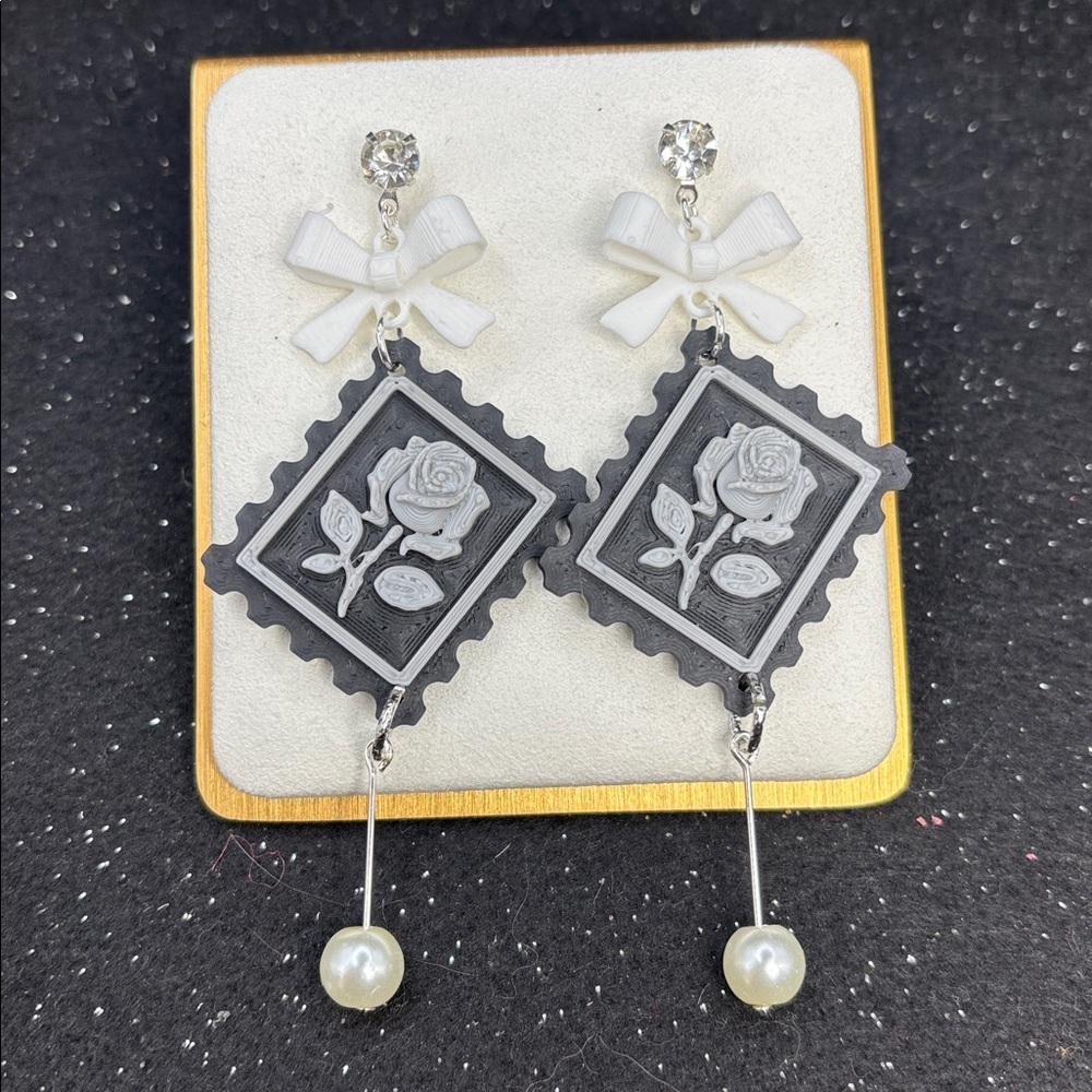 Black & Silver Postage Stamp Rose Earrings with Bow & Pearl Drop - Picture 5 of 5